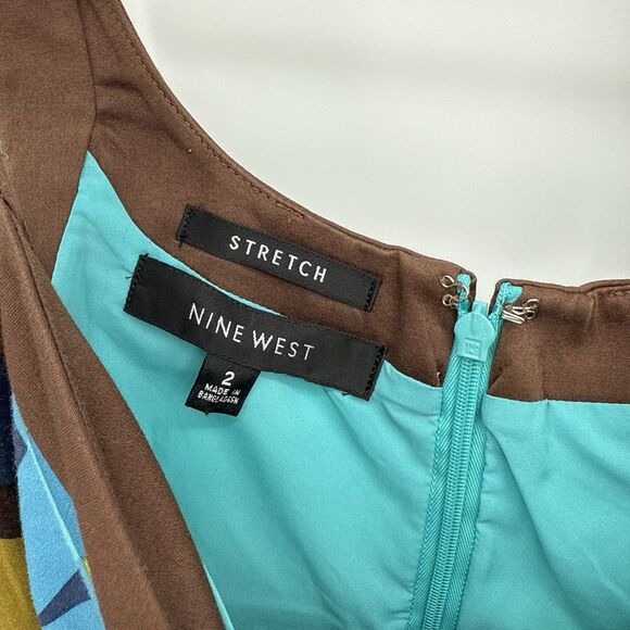 Nine West Y2k Style Multicolor Geometric Pattern Dress Size 2 Ruffle - Picture 4 of 9